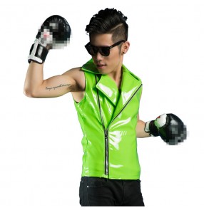 Neon green fluorescent  pu leather motorcycle style fashion jazz hop punk rock performance singer dance vest  short coat  tops